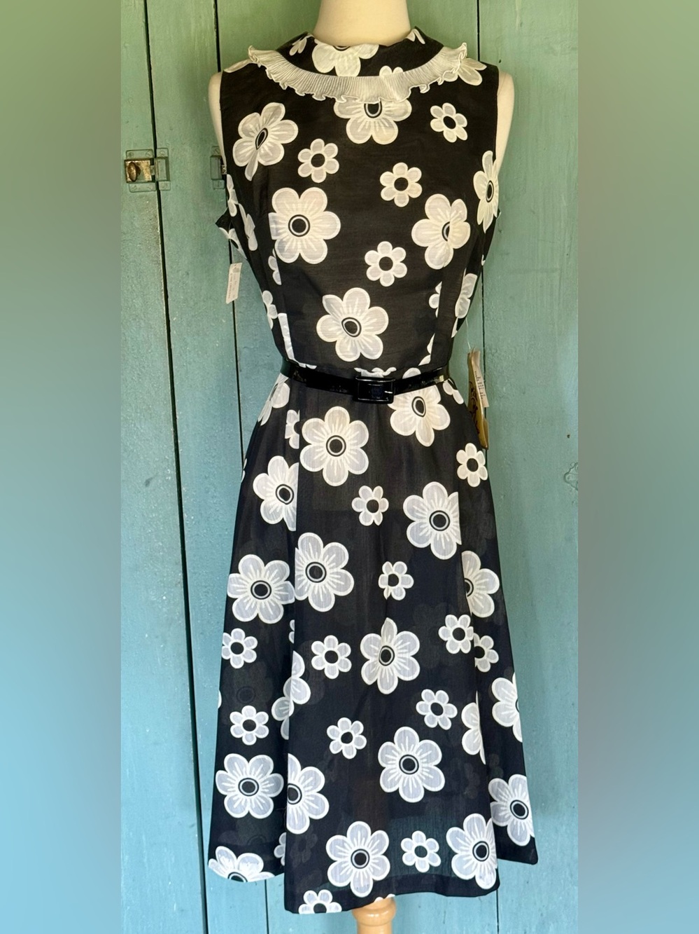 NOS w/Tags Pat Perkins Black Fit Flare Novelty Print Rockabilly Crystal Pleat L